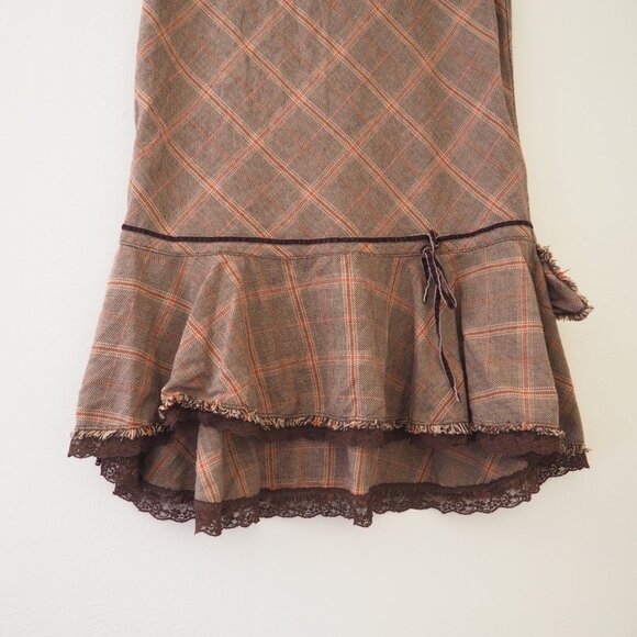 Free People Brown Tartan Plaid Lace Trim Skirt sz 4 - Picture 3 of 8